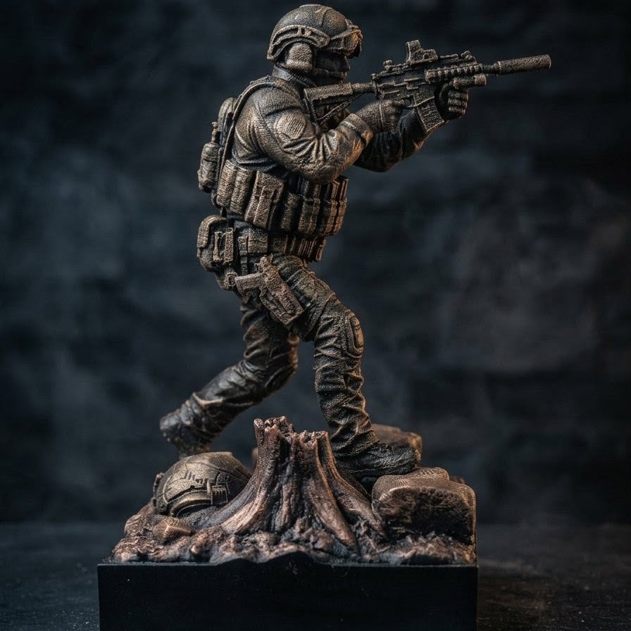 Statuetka Taktyczna Operator z Karabinem | Ręcznie Malowana Diorama | Ciężka Dekoracja na Biurko z Grawerem