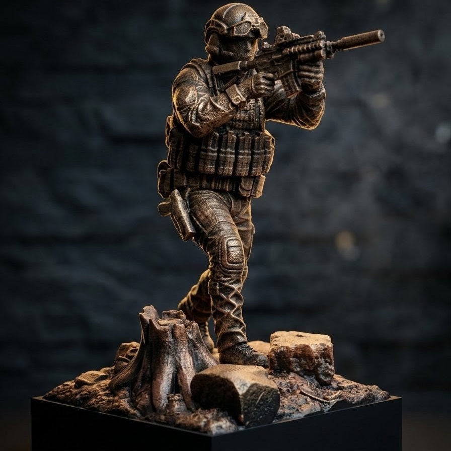 Statuetka Taktyczna Operator z Karabinem | Ręcznie Malowana Diorama | Ciężka Dekoracja na Biurko z Grawerem