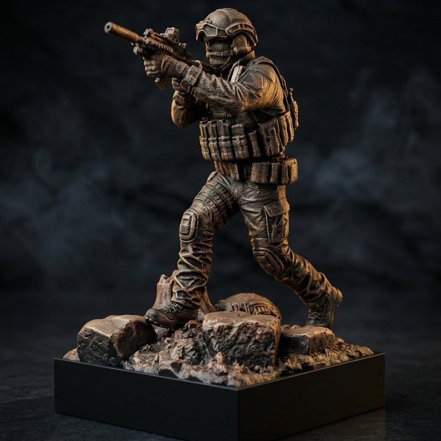 Statuetka Taktyczna Operator z Karabinem | Ręcznie Malowana Diorama | Ciężka Dekoracja na Biurko z Grawerem