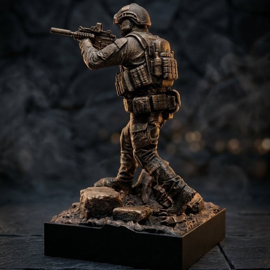 Statuetka Taktyczna Operator z Karabinem | Ręcznie Malowana Diorama | Ciężka Dekoracja na Biurko z Grawerem