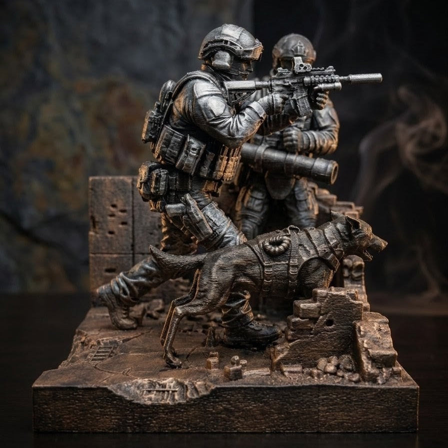 Statuetka Taktyczna Oddział K9 z Psem | Ręcznie Malowana Diorama | Ciężka Dekoracja z Grawerem