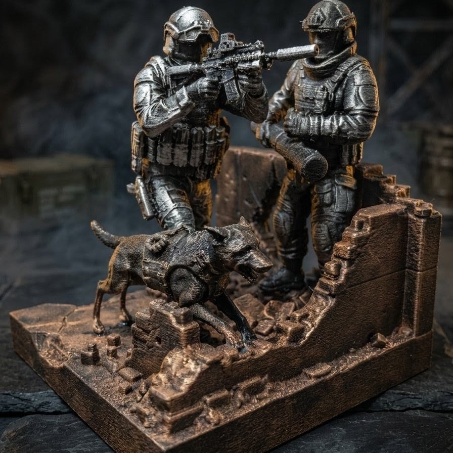 Statuetka Taktyczna Oddział K9 z Psem | Ręcznie Malowana Diorama | Ciężka Dekoracja z Grawerem
