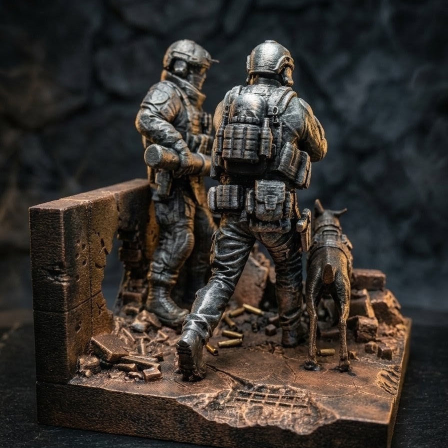 Statuetka Taktyczna Oddział K9 z Psem | Ręcznie Malowana Diorama | Ciężka Dekoracja z Grawerem