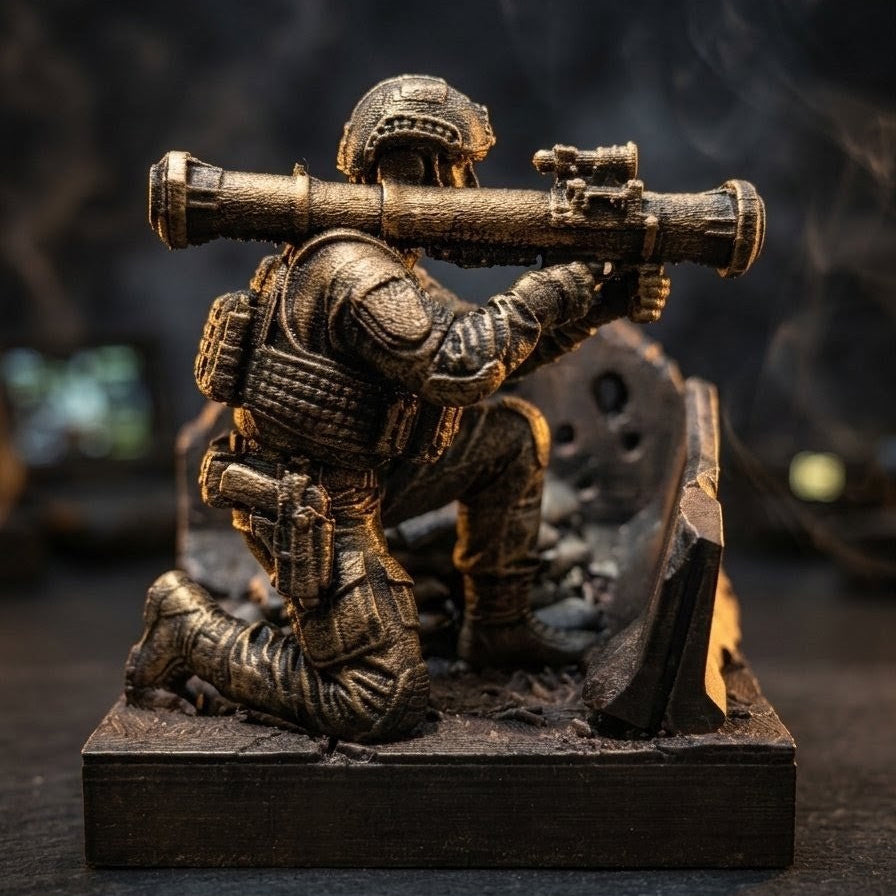 Statuetka Taktyczna Operator z Wyrzutnią | Ręcznie Malowana Diorama | Ciężka Dekoracja z Grawerem